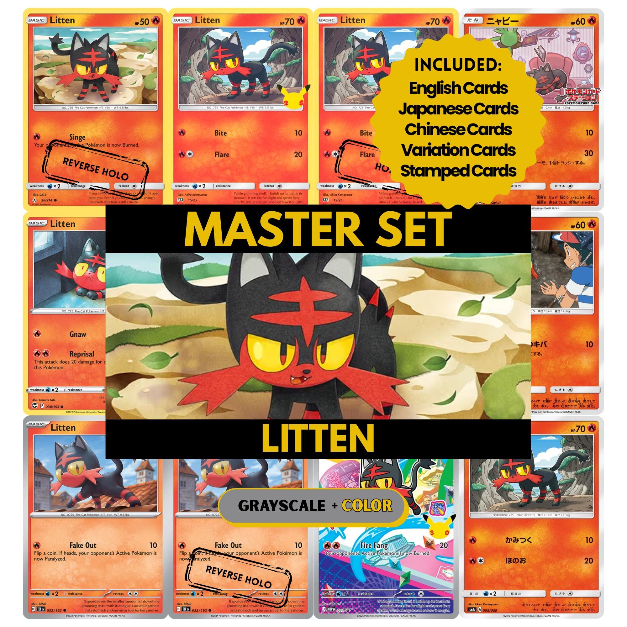 Litten binder pages set showing grayscale and color Pokémon cards, designed as a digital download to complete a collector’s binder.