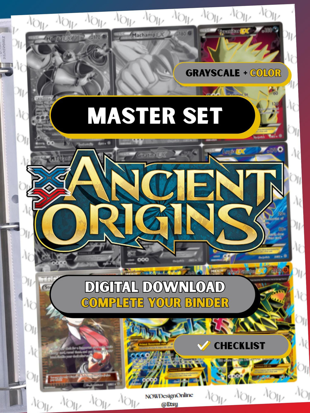 XY: Ancient Origins master set binder page showing grayscale and color Pokémon cards, designed as a digital download with checklist to complete a collector’s binder.