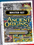 XY: Ancient Origins master set binder page showing grayscale and color Pokémon cards, designed as a digital download with checklist to complete a collector’s binder.