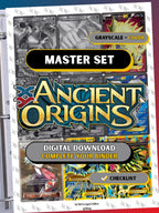 XY: Ancient Origins master set binder page showing grayscale and color Pokémon cards, designed as a digital download with checklist to complete a collector’s binder.