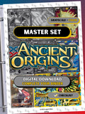 XY: Ancient Origins master set binder page showing grayscale and color Pokémon cards, designed as a digital download with checklist to complete a collector’s binder.