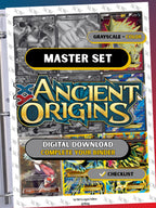 XY: Ancient Origins master set binder page showing grayscale and color Pokémon cards, designed as a digital download with checklist to complete a collector’s binder.