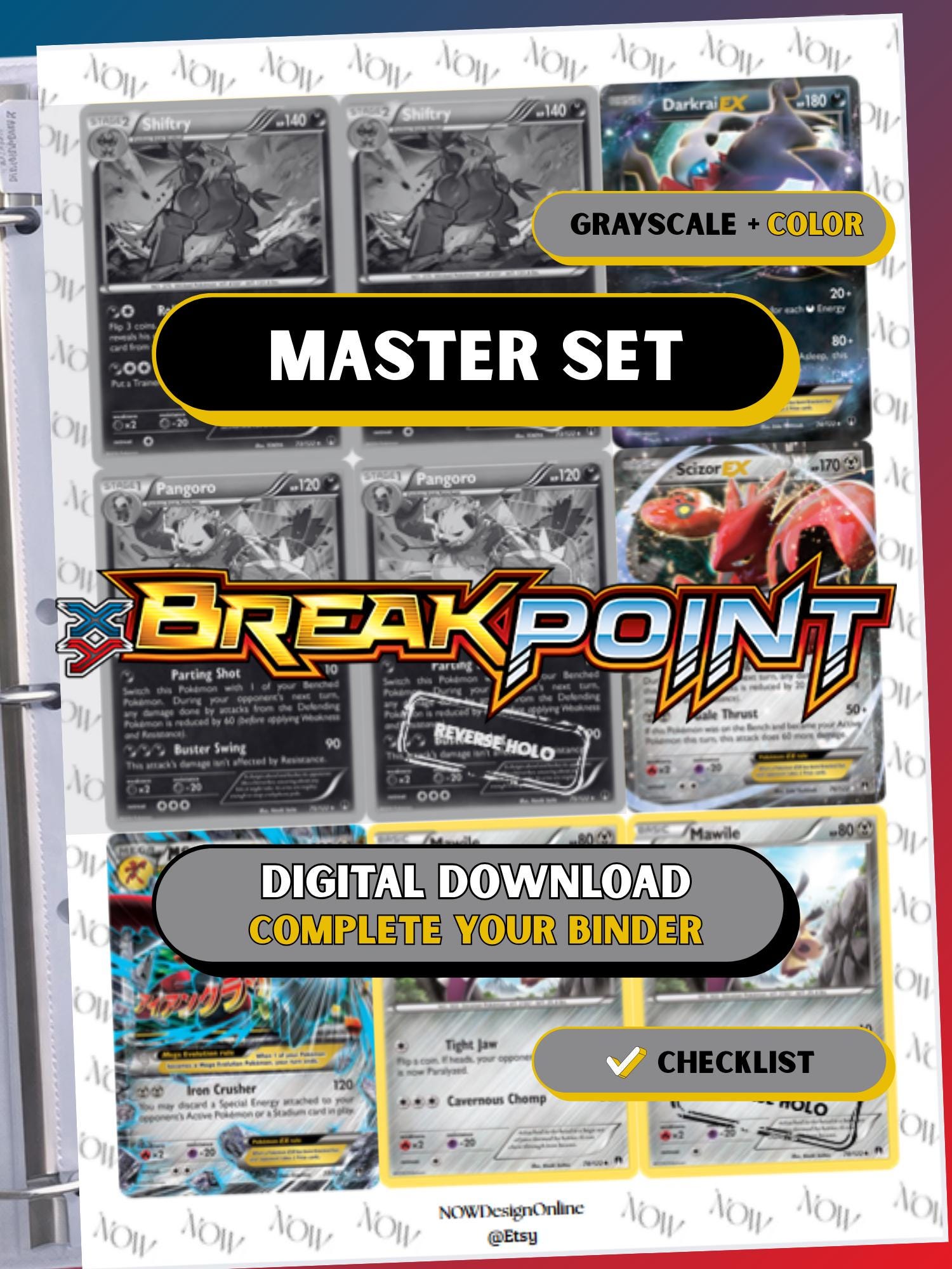 XY: BREAKpoint master set binder page showing grayscale and color Pokémon cards, designed as a digital download with checklist to complete a collector’s binder.