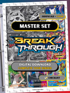 XY: BREAKthrough master set binder page showing grayscale and color Pokémon cards, designed as a digital download with checklist to complete a collector’s binder.