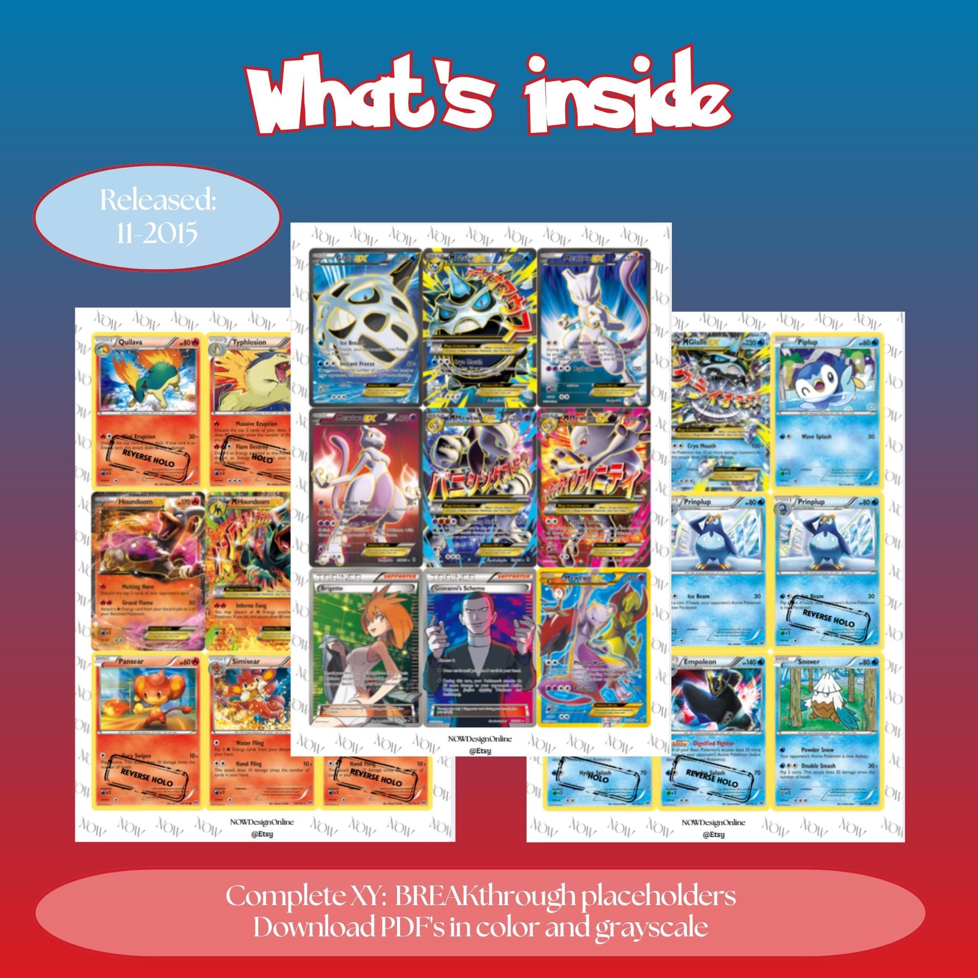 XY: BREAKthrough master set overview showing the included Pokémon cards to print and a full color checklist for the XY binder.