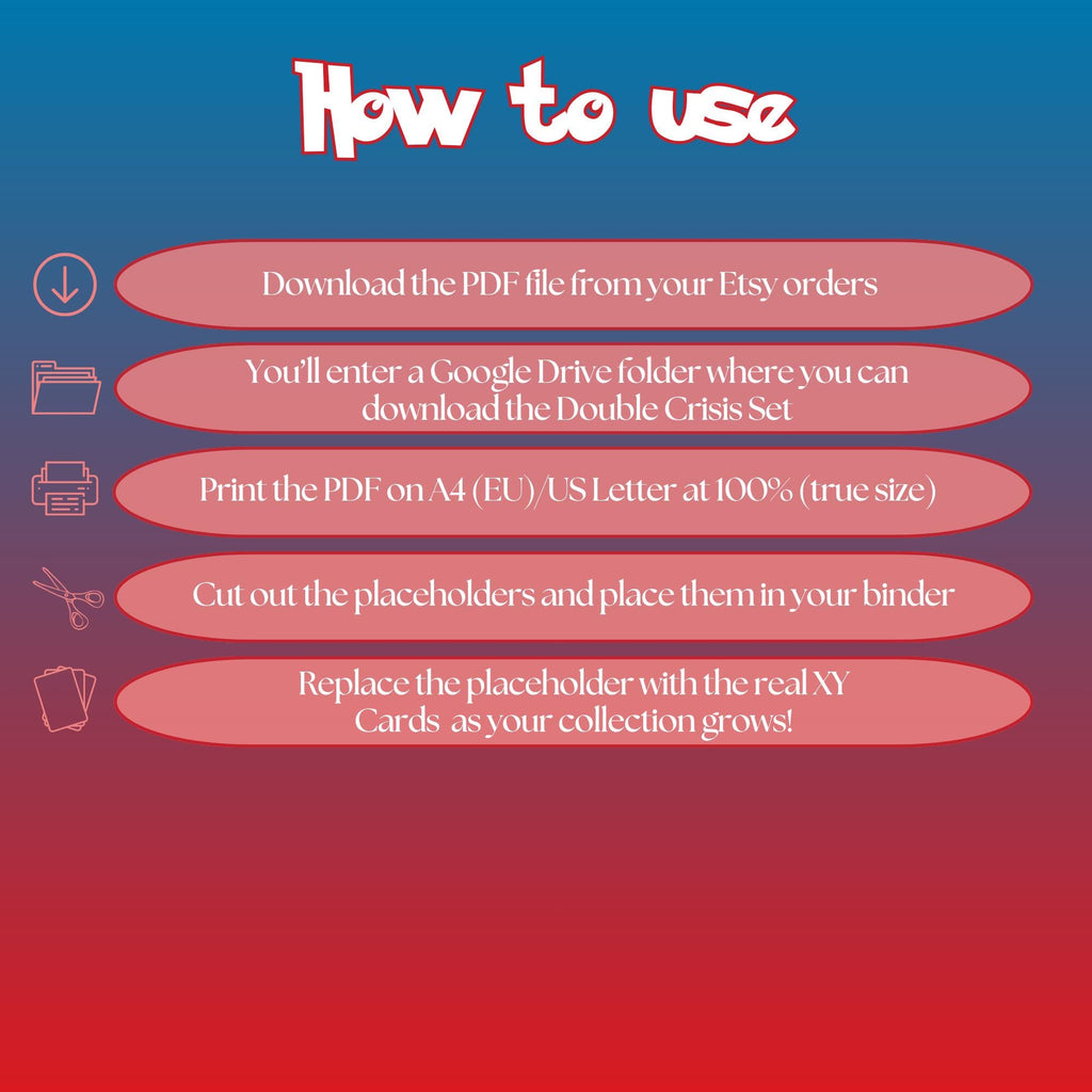 Double Crisis digital download instructions explaining how to print, cut, and place placeholders in a Pokémon binder.