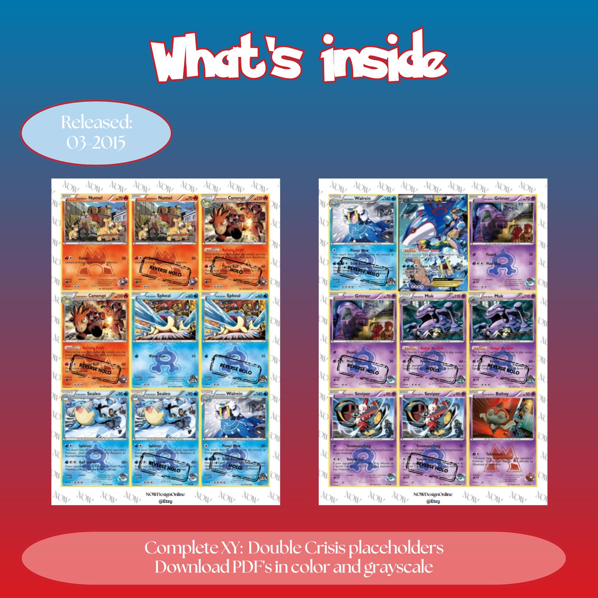 XY: Double Crisis master set overview showing the included Pokémon cards to print and a full color checklist for the XY binder.