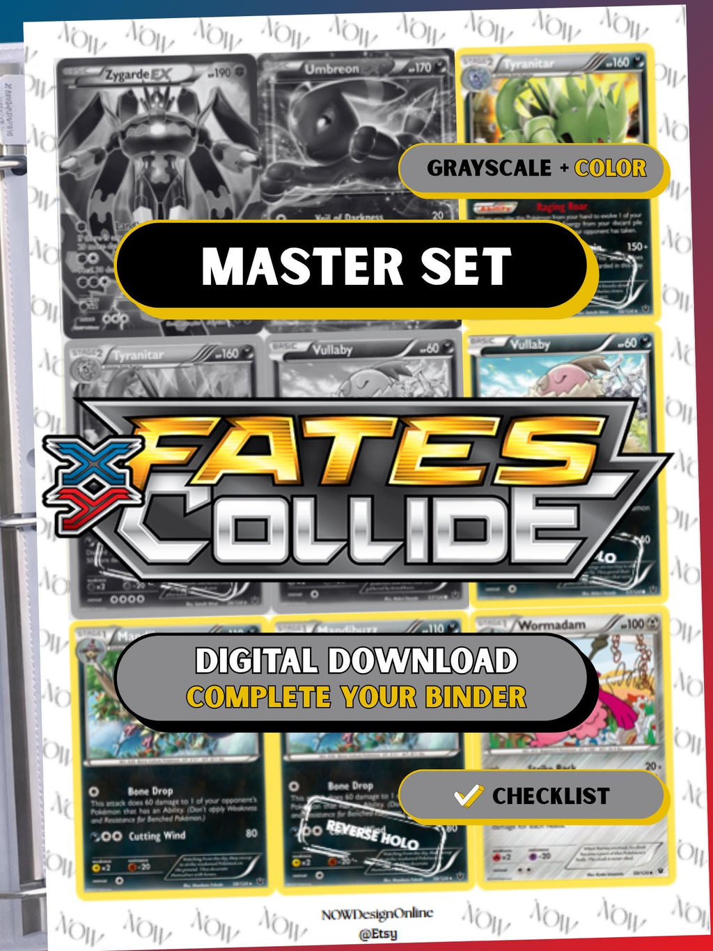 XY: Fates Collide master set binder page showing grayscale and color Pokémon cards, designed as a digital download with checklist to complete a collector’s binder.