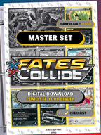 XY: Fates Collide master set binder page showing grayscale and color Pokémon cards, designed as a digital download with checklist to complete a collector’s binder.