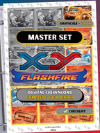 XY: Flashfire master set binder page showing grayscale and color Pokémon cards, designed as a digital download with checklist to complete a collector’s binder.