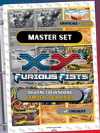 XY: Furious Fists master set binder page showing grayscale and color Pokémon cards, designed as a digital download with checklist to complete a collector’s binder.