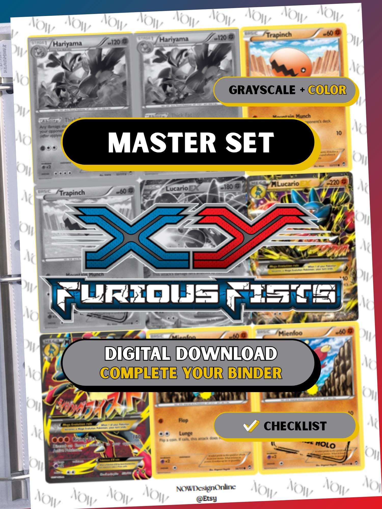 XY: Furious Fists master set binder page showing grayscale and color Pokémon cards, designed as a digital download with checklist to complete a collector’s binder.