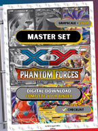 XY: Phantom Forces master set binder page showing grayscale and color Pokémon cards, designed as a digital download with checklist to complete a collector’s binder.
