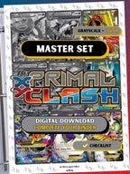 XY: Primal Clash master set binder page showing grayscale and color Pokémon cards, designed as a digital download with checklist to complete a collector’s binder.