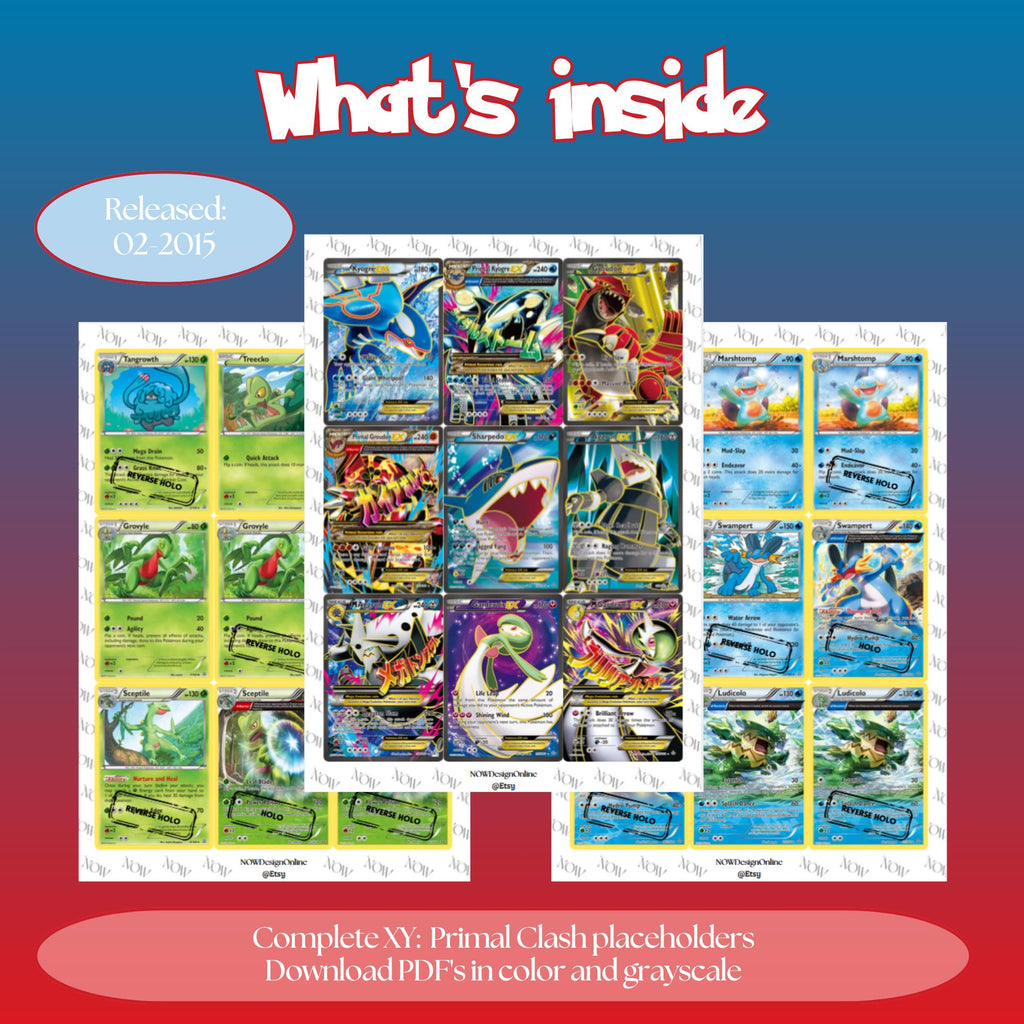 XY: Primal Clash master set overview showing the included Pokémon cards to print and a full color checklist for the XY binder.