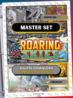 XY: Roaring Skies master set binder page showing grayscale and color Pokémon cards, designed as a digital download with checklist to complete a collector’s binder.