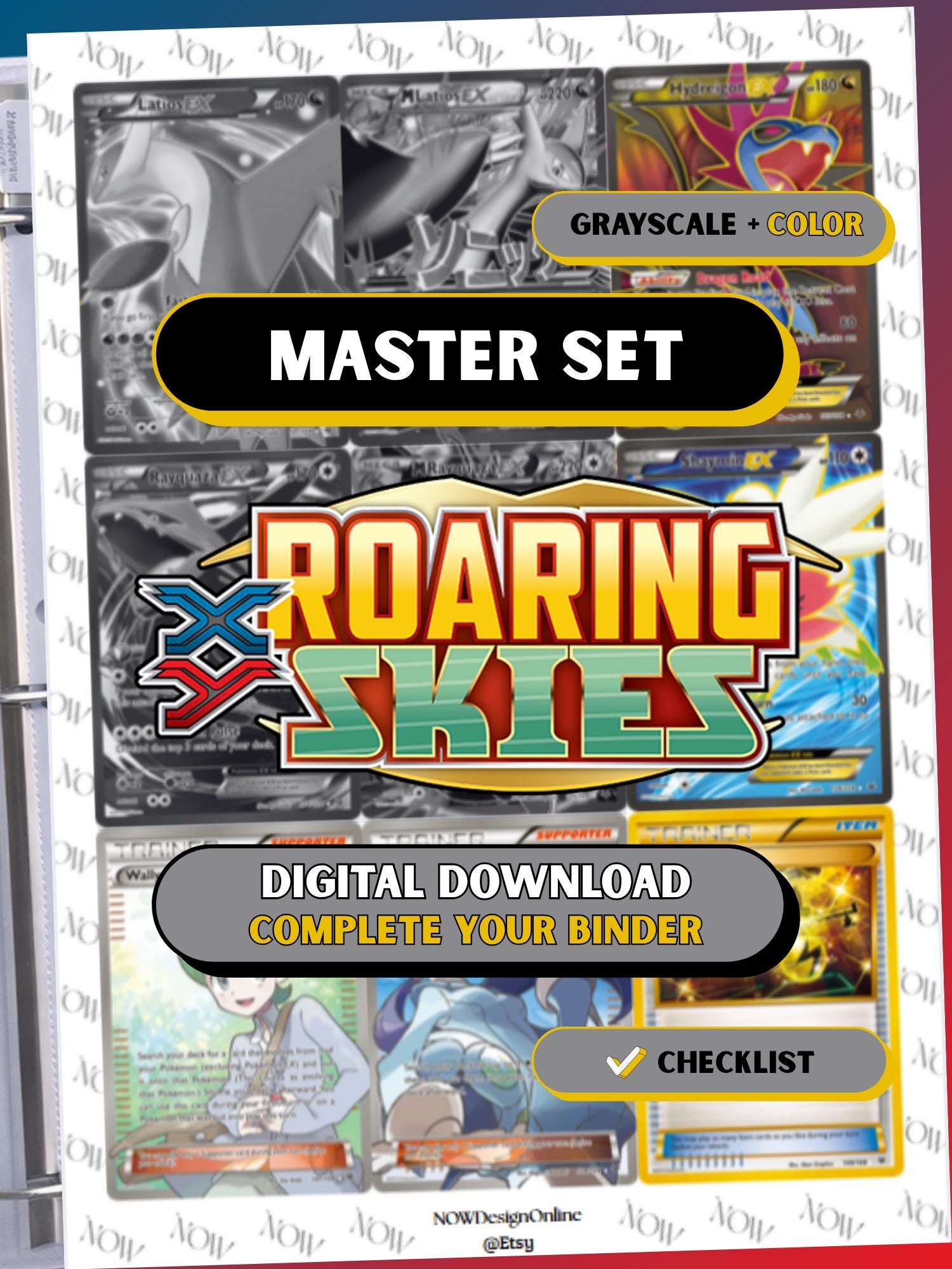 XY: Roaring Skies master set binder page showing grayscale and color Pokémon cards, designed as a digital download with checklist to complete a collector’s binder.