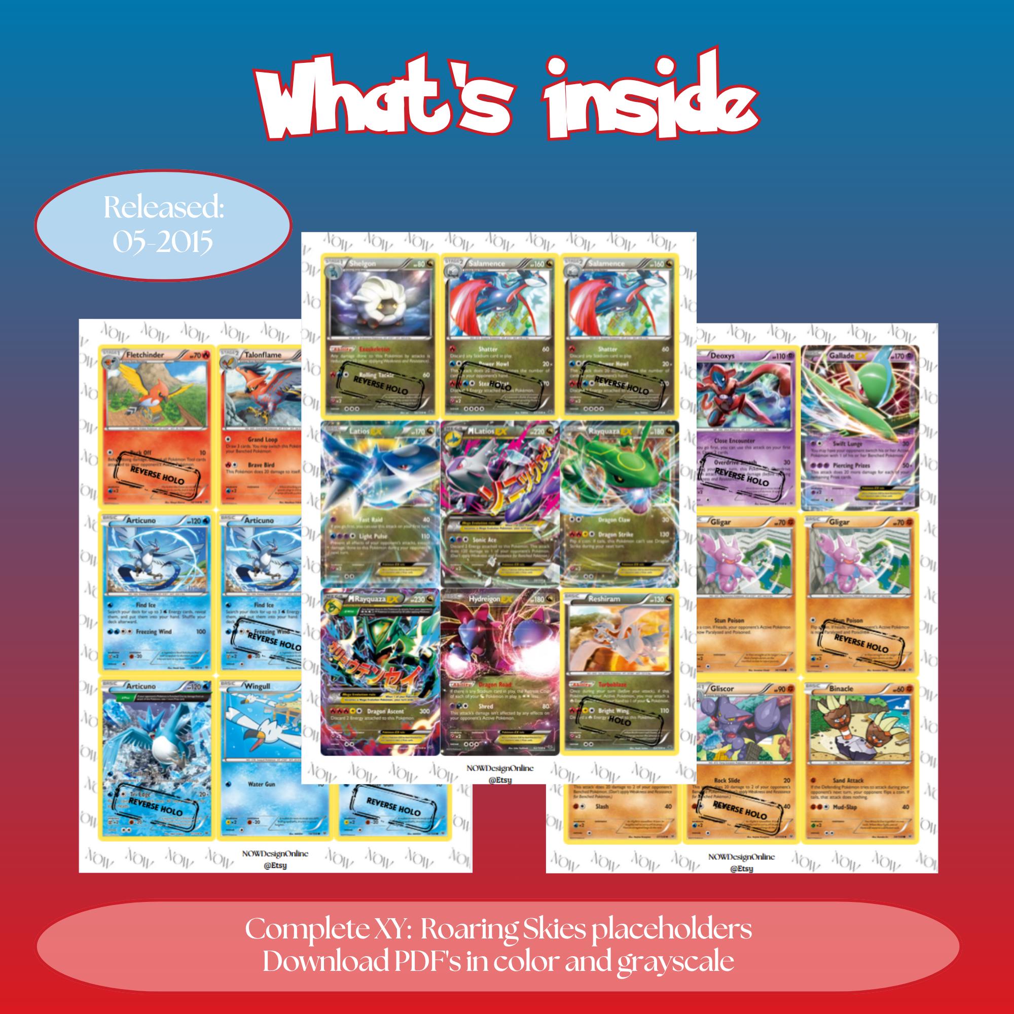 XY: Roaring Skies master set overview showing the included Pokémon cards to print and a full color checklist for the XY binder.