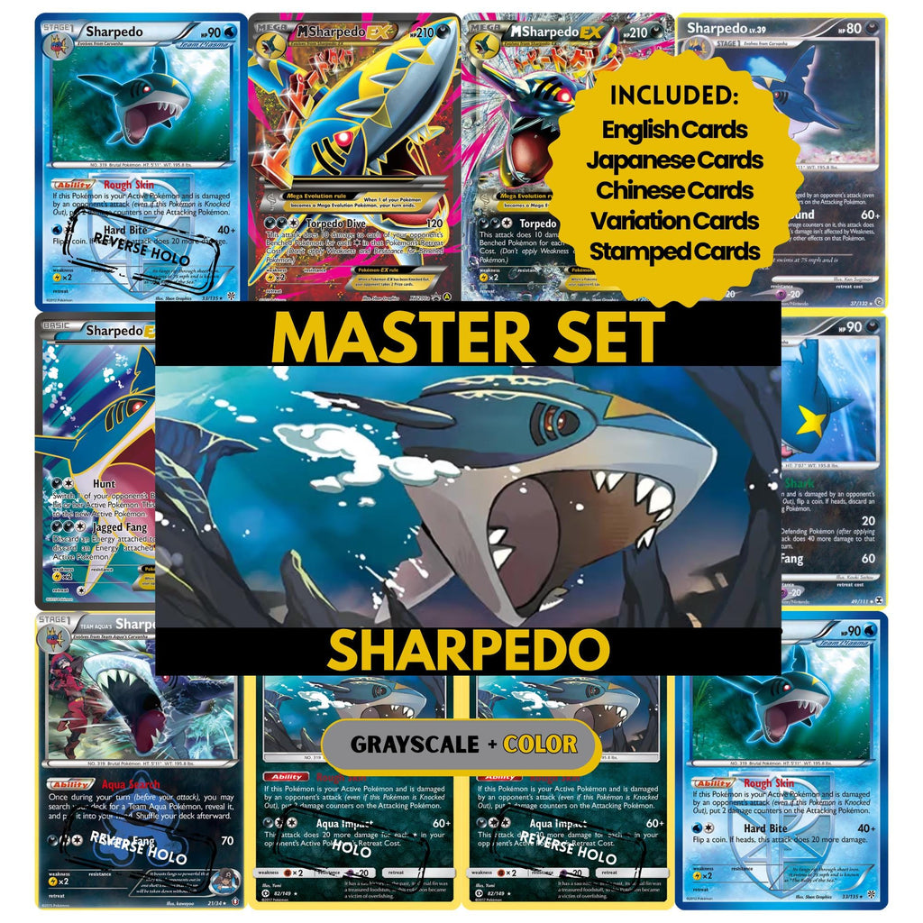 Sharpedo binder pages set showing grayscale and color Pokémon cards, designed as a digital download to complete a collector’s binder.