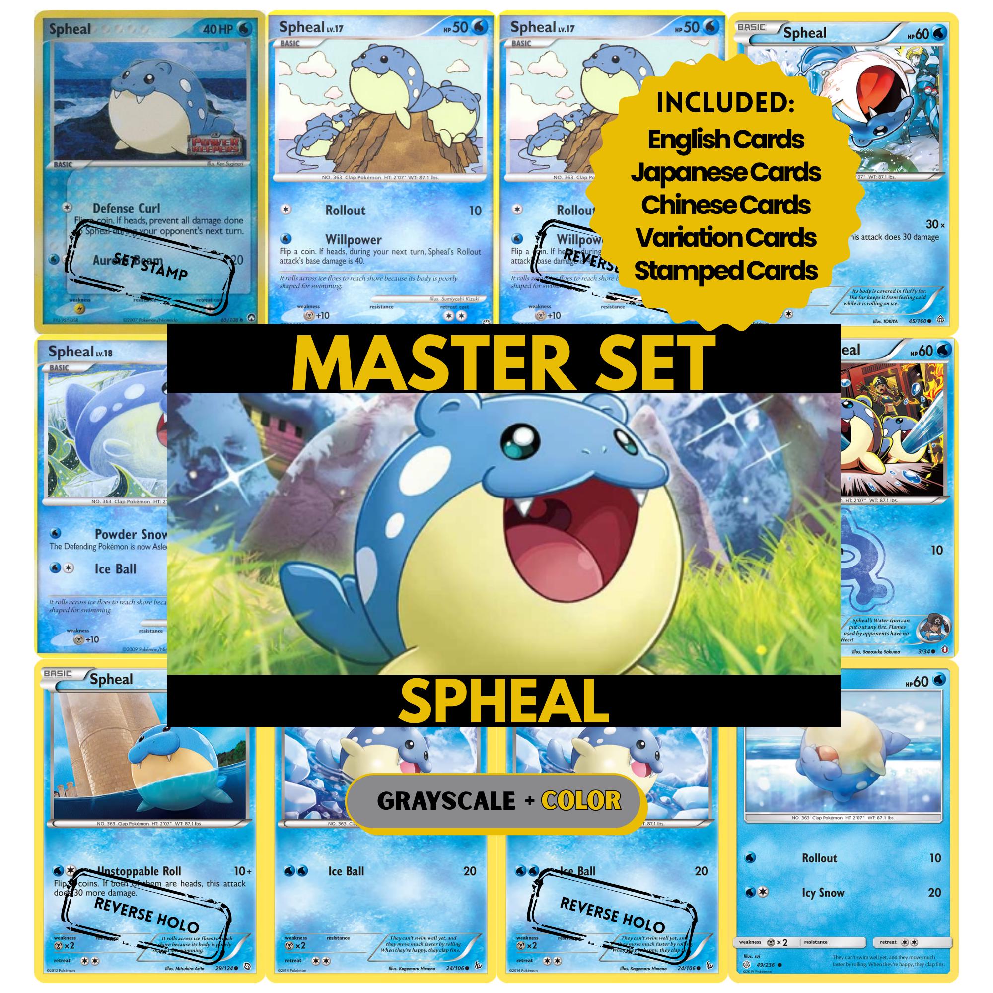 Spheal binder pages set showing grayscale and color Pokémon cards, designed as a digital download to complete a collector’s binder.