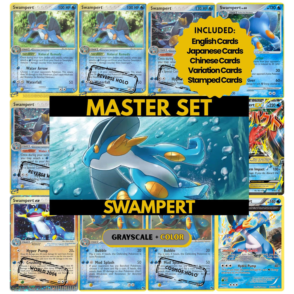 Swampert binder pages set showing grayscale and color Pokémon cards, designed as a digital download to complete a collector’s binder.