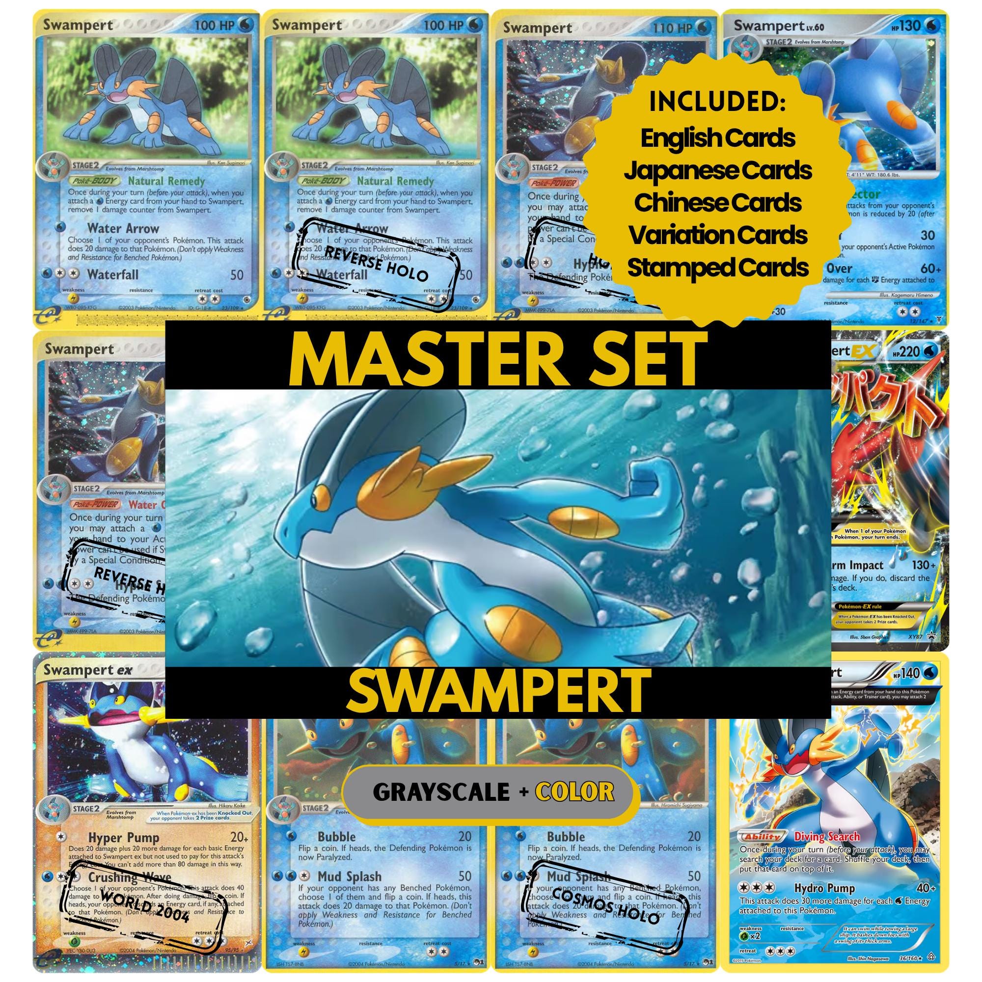 Swampert binder pages set showing grayscale and color Pokémon cards, designed as a digital download to complete a collector’s binder.