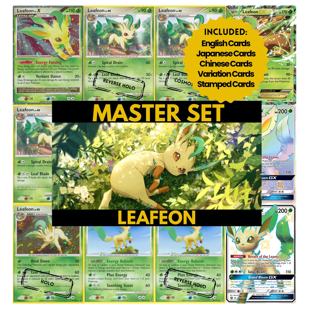 Leafeon binder pages set showing grayscale and color Pokémon cards, designed as a digital download to complete a collector’s binder.