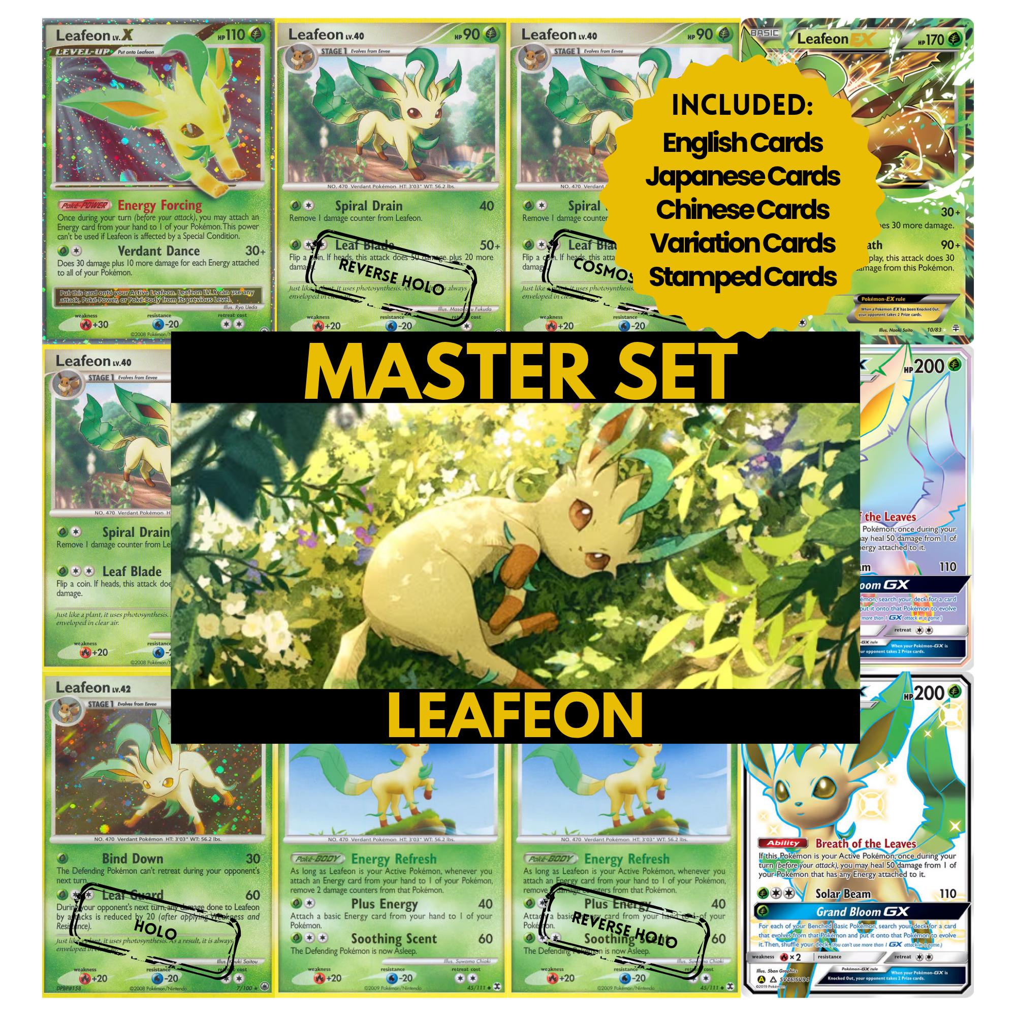 Leafeon binder pages set showing grayscale and color Pokémon cards, designed as a digital download to complete a collector’s binder.