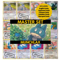 Munchlax binder pages set showing grayscale and color Pokémon cards, designed as a digital download to complete a collector’s binder.