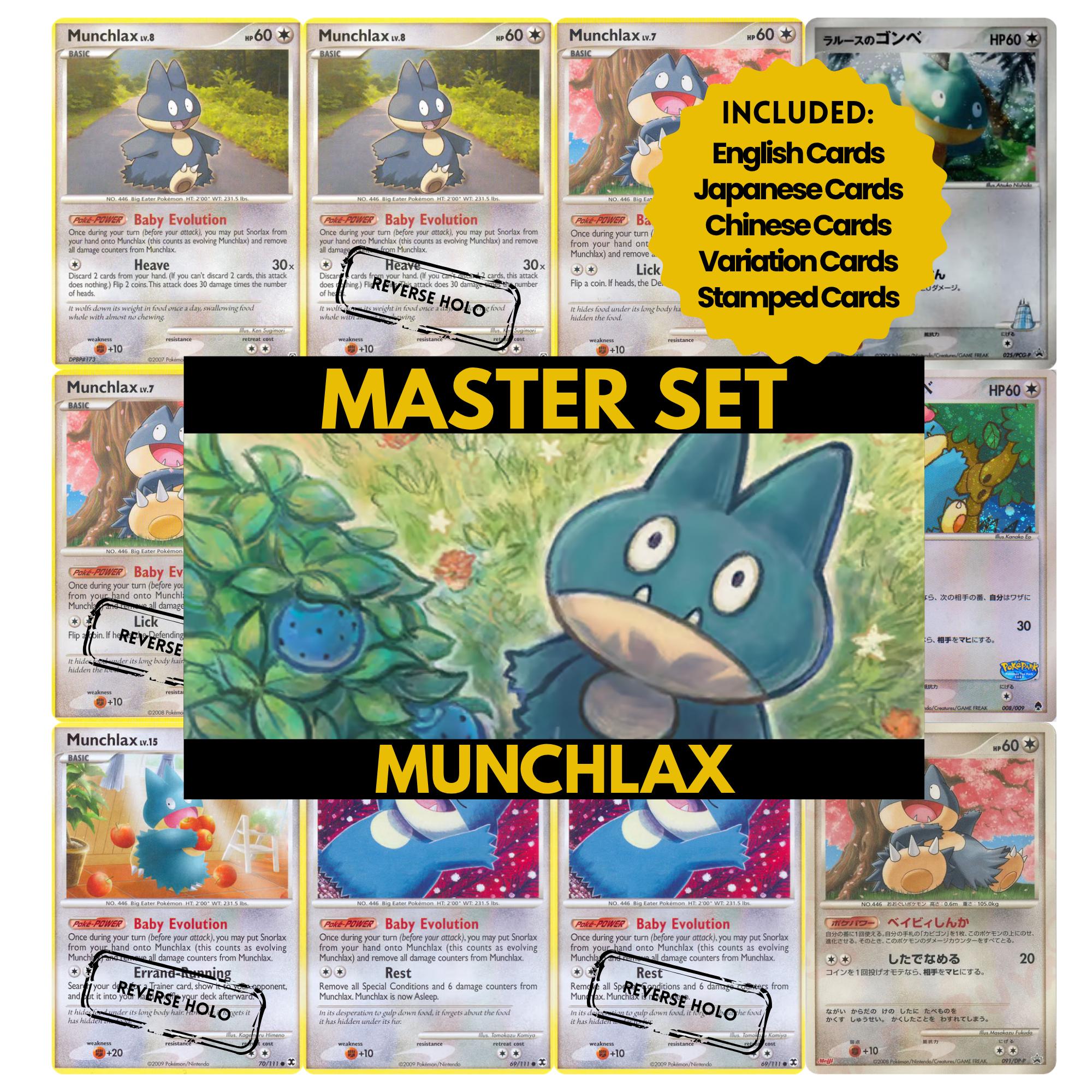 Munchlax binder pages set showing grayscale and color Pokémon cards, designed as a digital download to complete a collector’s binder.