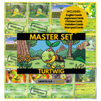 Turtwig binder pages set showing grayscale and color Pokémon cards, designed as a digital download to complete a collector’s binder.