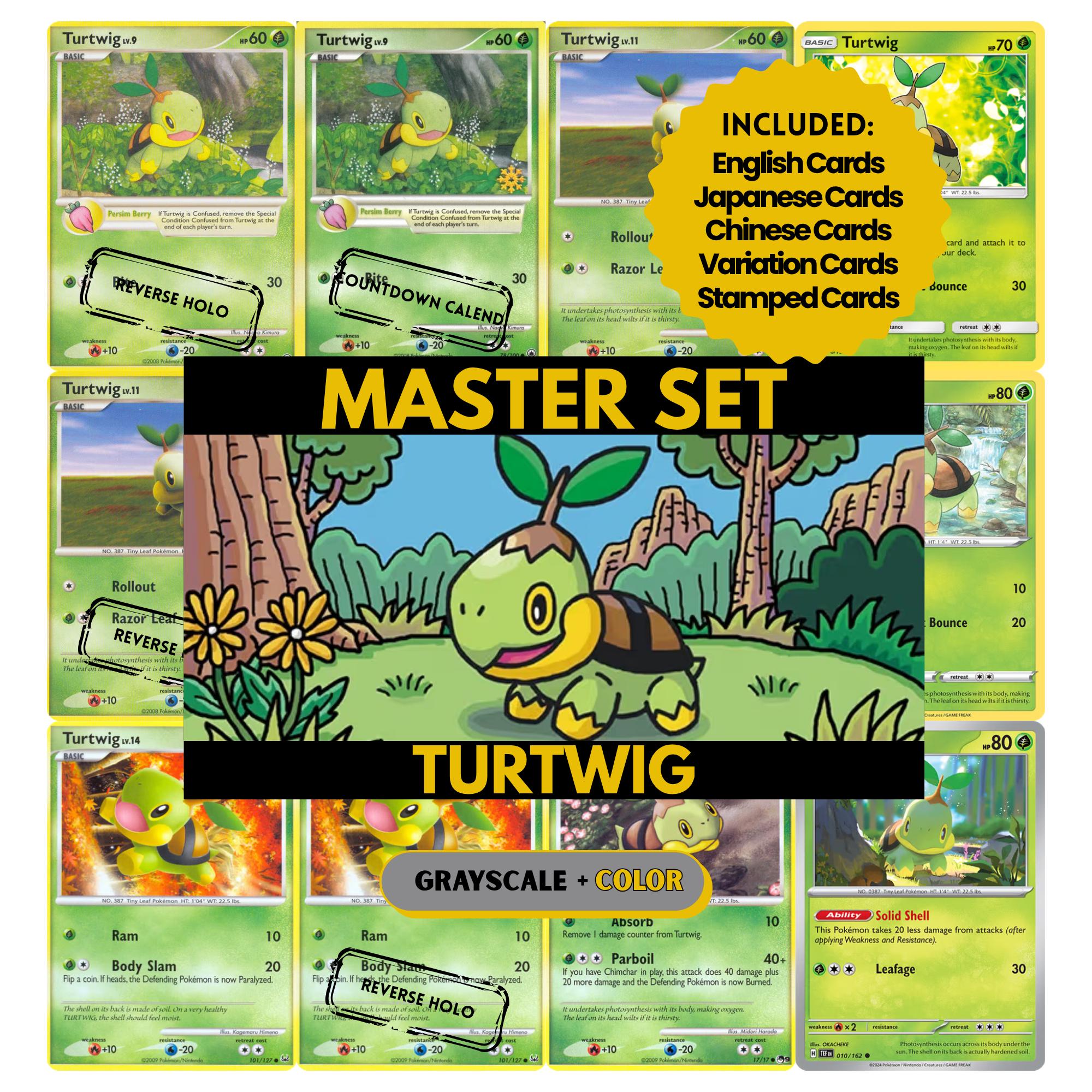 Turtwig binder pages set showing grayscale and color Pokémon cards, designed as a digital download to complete a collector’s binder.