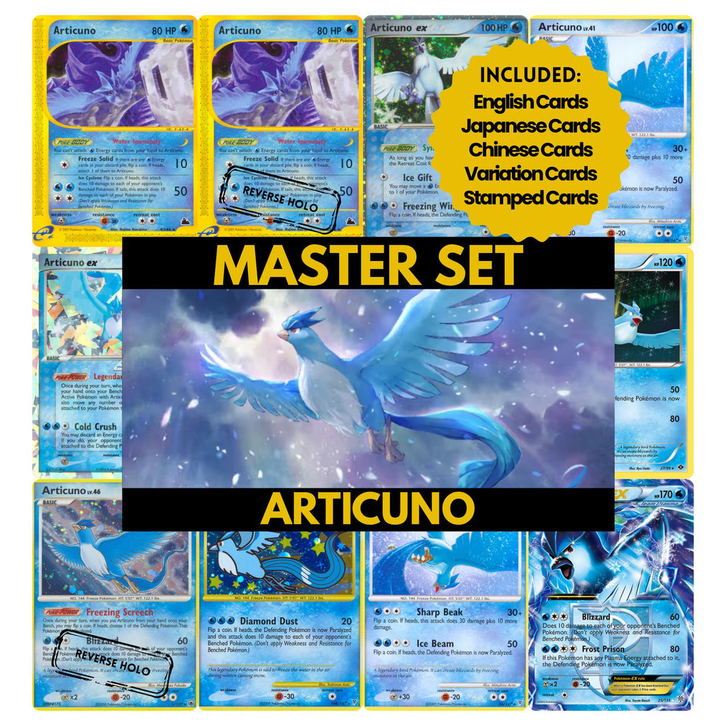 Articuno binder pages set showing grayscale and color Pokémon cards, designed as a digital download to complete a collector’s binder.