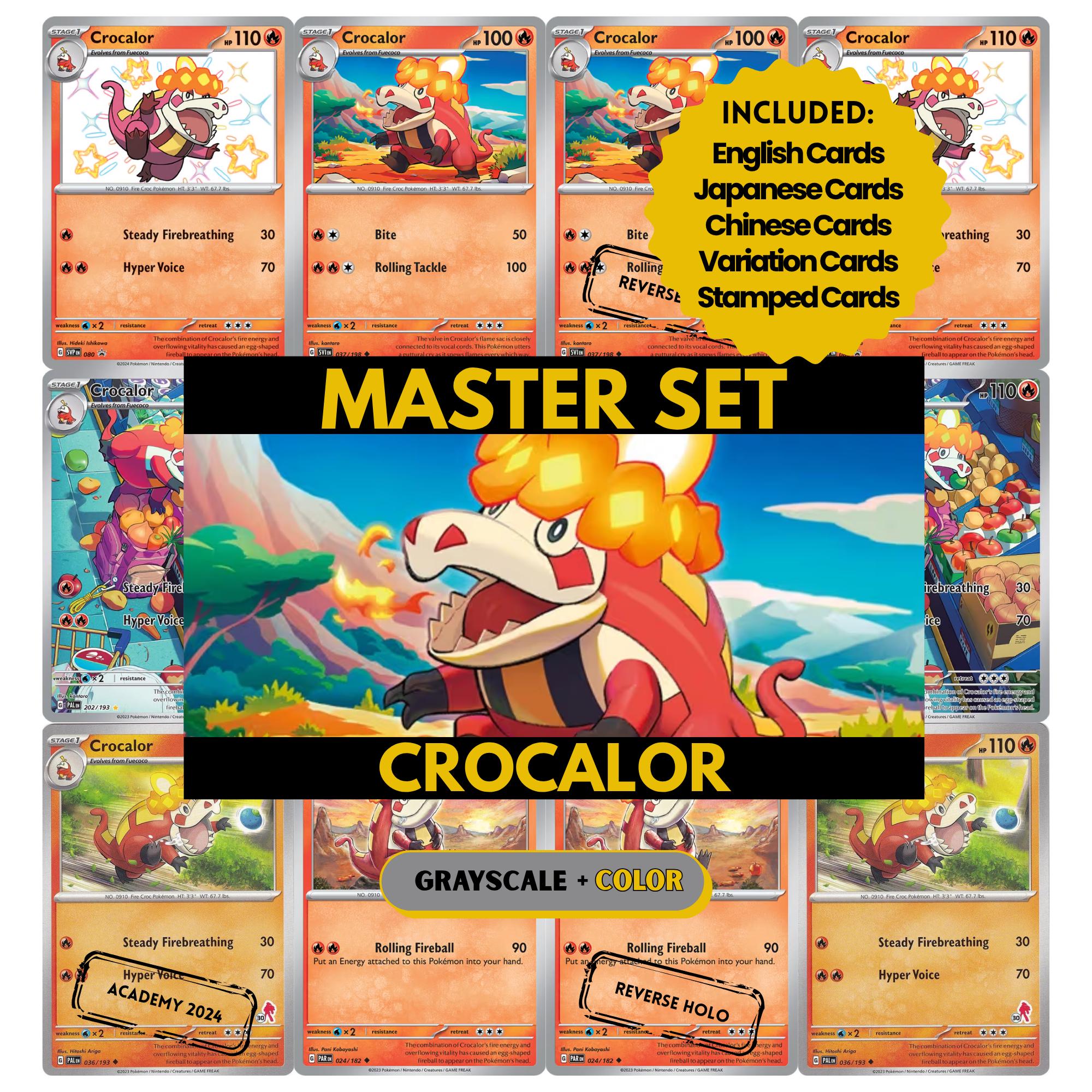 Crocalor binder pages set showing grayscale and color Pokémon cards, designed as a digital download to complete a collector’s binder.
