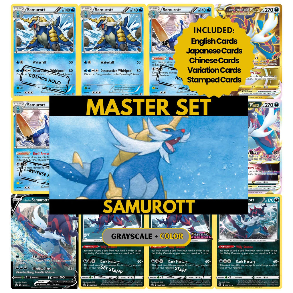 Samurott binder pages set showing grayscale and color Pokémon cards, designed as a digital download to complete a collector’s binder.