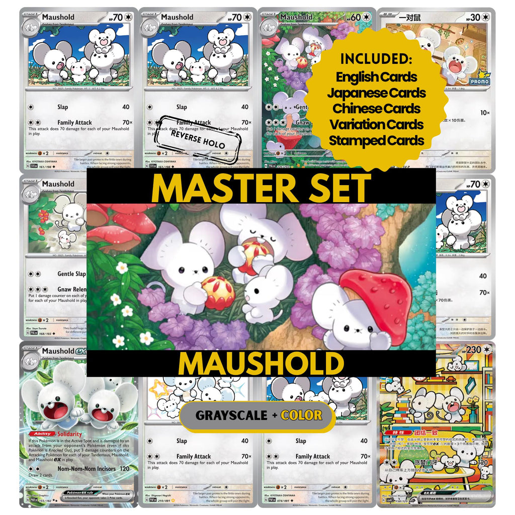 Maushold binder pages set showing grayscale and color Pokémon cards, designed as a digital download to complete a collector’s binder.