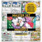 Maushold binder pages set showing grayscale and color Pokémon cards, designed as a digital download to complete a collector’s binder.