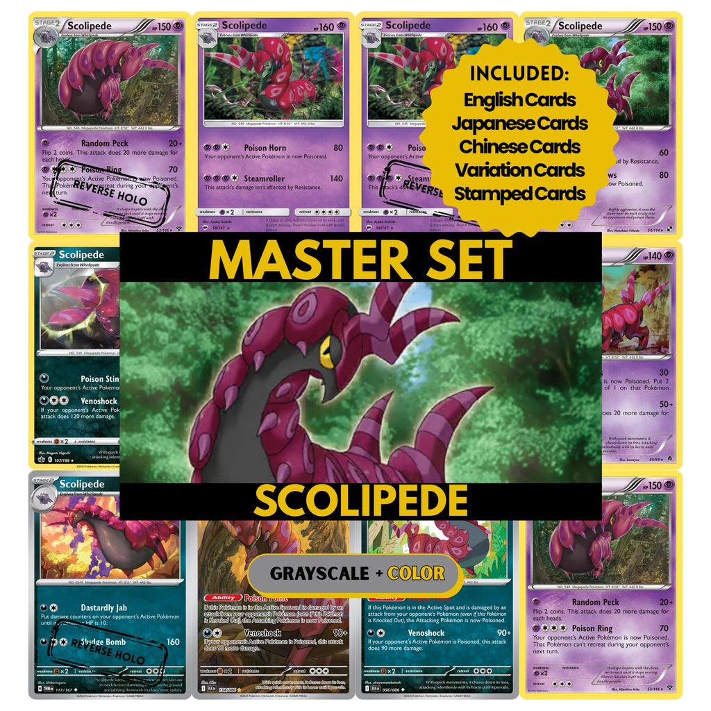 Scolipede binder pages set showing grayscale and color Pokémon cards, designed as a digital download to complete a collector’s binder.
