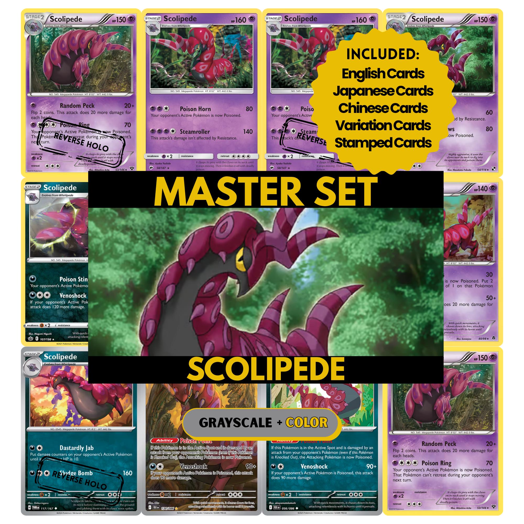 Scolipede binder pages set showing grayscale and color Pokémon cards, designed as a digital download to complete a collector’s binder.