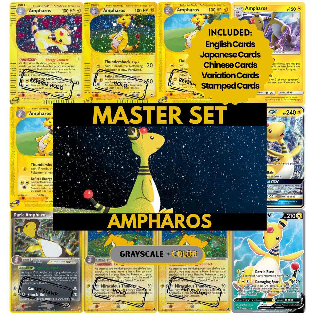 Ampharos binder pages set showing Pokémon cards, designed as a digital download to complete a collector’s binder.