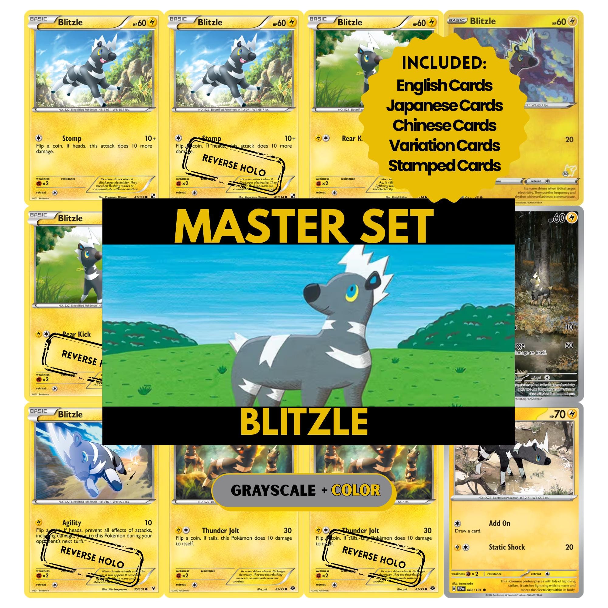 Blitzle binder pages set showing grayscale and color Pokémon cards, designed as a digital download to complete a collector’s binder.