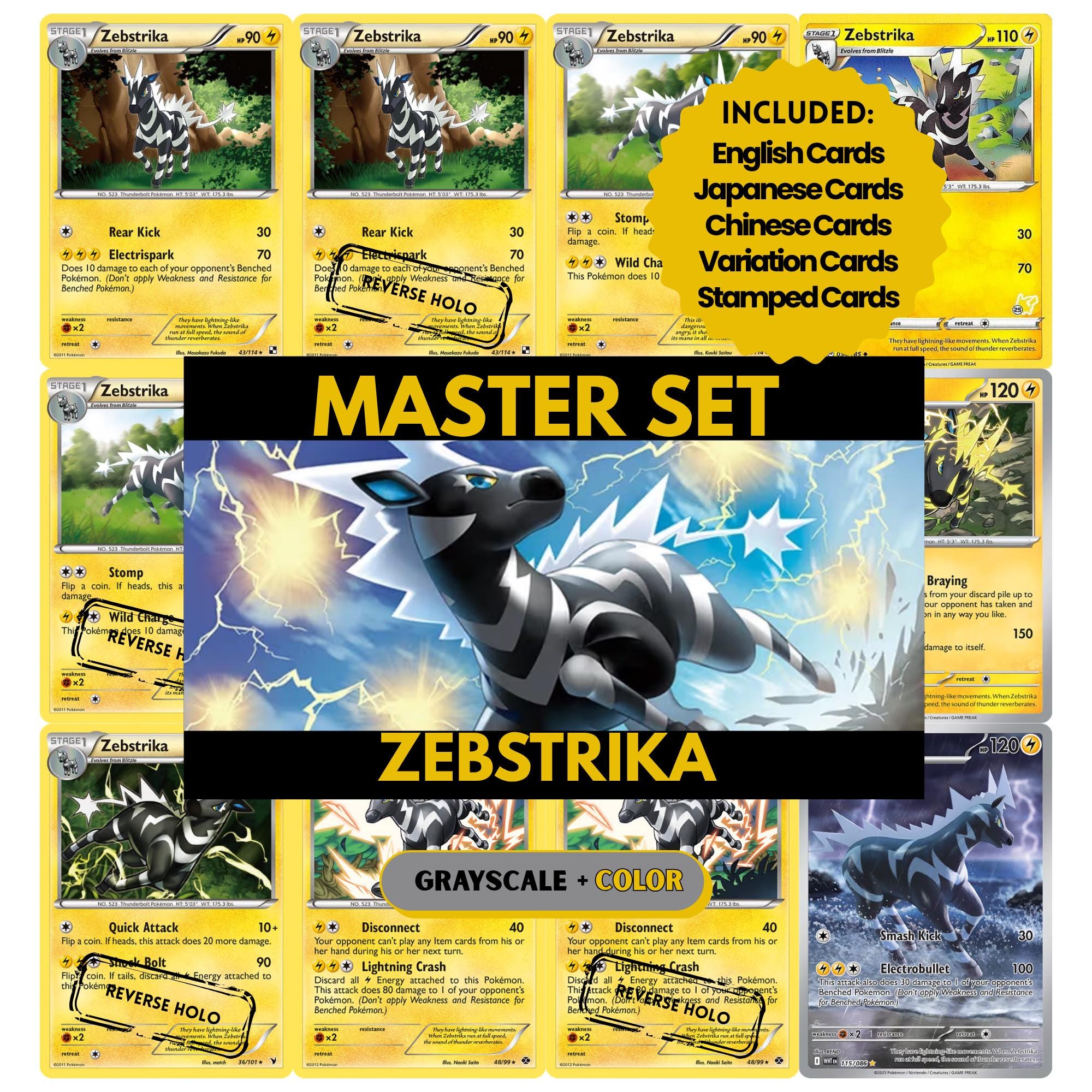 Zebstrika binder pages set showing grayscale and color Pokémon cards, designed as a digital download to complete a collector’s binder.
