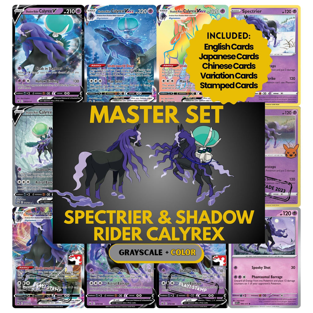 Spectrier & Shadow Rider Calyrex binder pages set showing grayscale and color Pokémon cards, designed as a digital download to complete a collector’s binder.