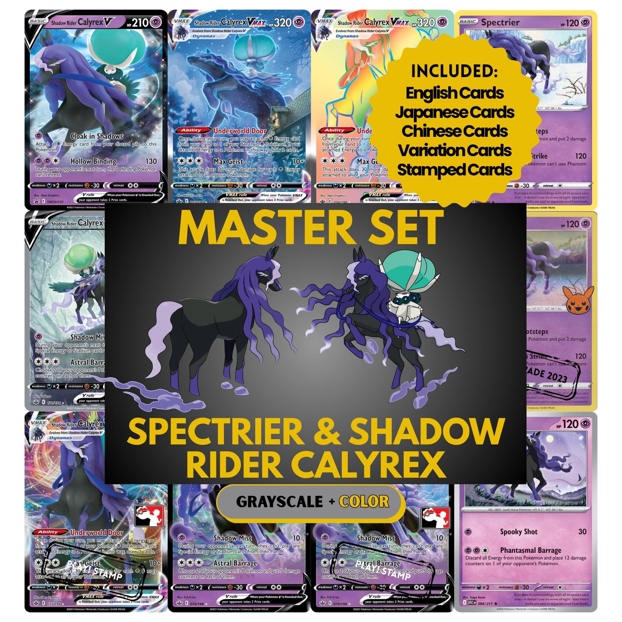 Spectrier & Shadow Rider Calyrex binder pages set showing grayscale and color Pokémon cards, designed as a digital download to complete a collector’s binder.