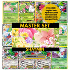 Shaymin binder pages set showing grayscale and color Pokémon cards, designed as a digital download to complete a collector’s binder.