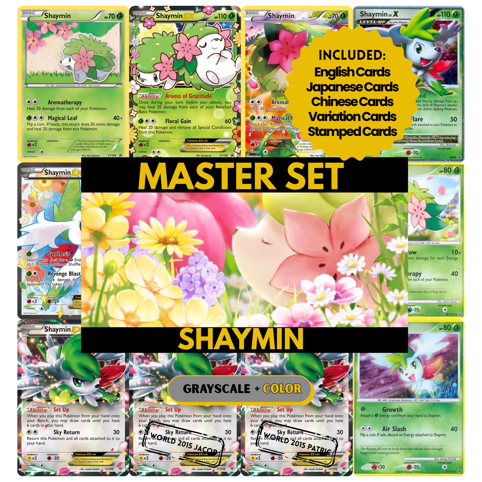 Shaymin binder pages set showing grayscale and color Pokémon cards, designed as a digital download to complete a collector’s binder.