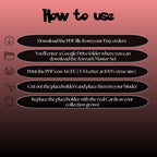 Zoroark cards digital download instructions explaining how to print, cut, and place placeholders in a Pokémon binder.