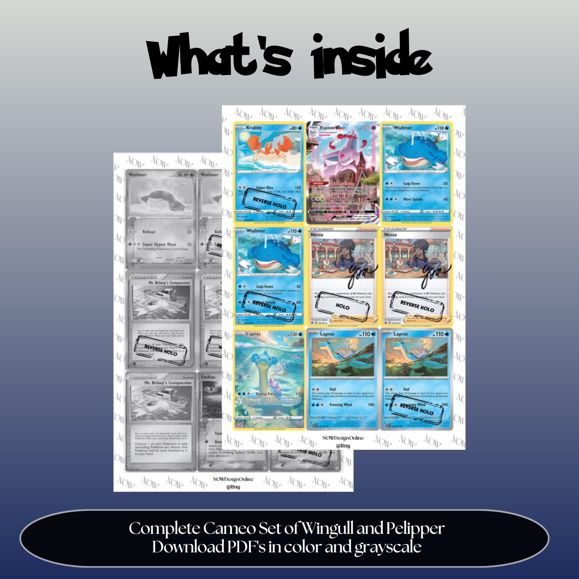 Wingull & Pelipper Cameo binder pages set overview showing the included Pokémon cards to print and cut for your binder sleeves.