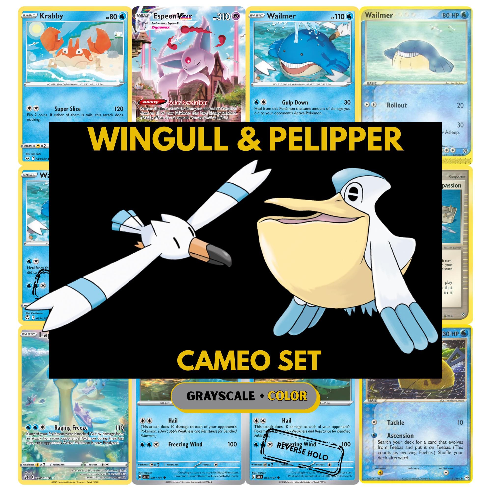 Wingull & Pelipper Cameo binder pages set showing grayscale and color Pokémon cards, designed as a digital download to complete a collector’s binder.