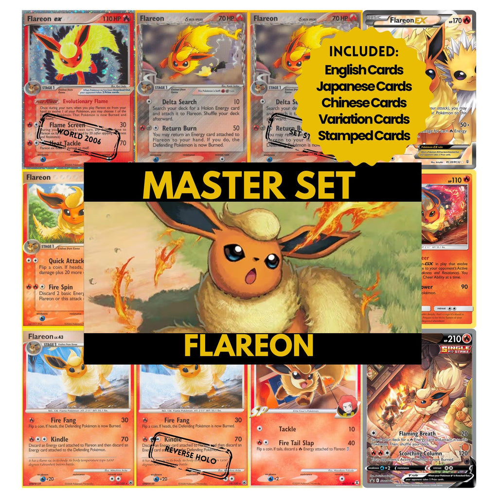 Flareon binder pages set showing grayscale and color Pokémon cards, designed as a digital download to complete a collector’s binder.